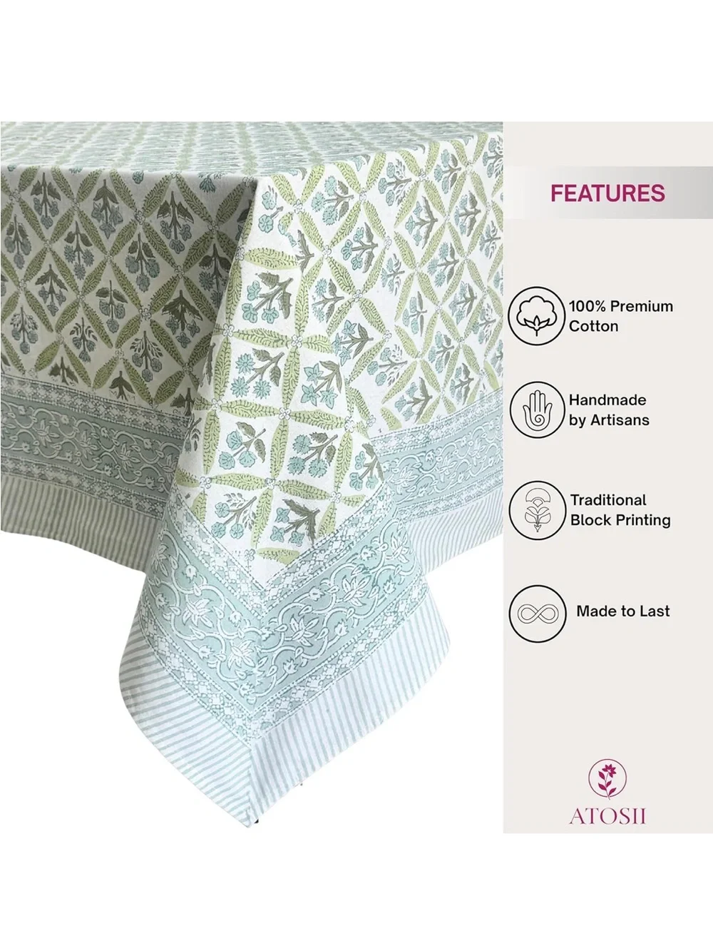NEW ATOSII 100% Cotton Blockprint Rectangle Table Cloth, Netta Green